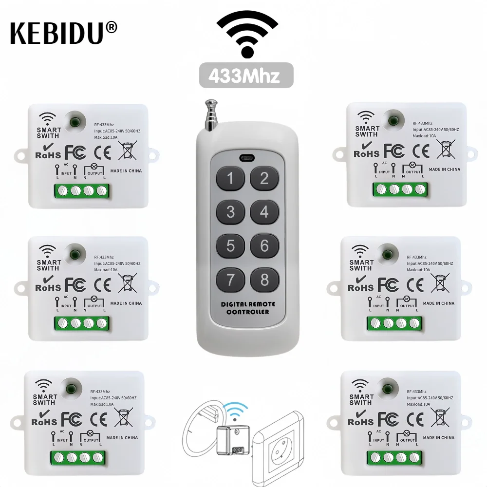 リモコン付きミニワイヤレススマートライトスイッチ,距離1000m,433 mhz,RFリレー受信機,220v,家庭用スイッチ,LEDランプ,ファン