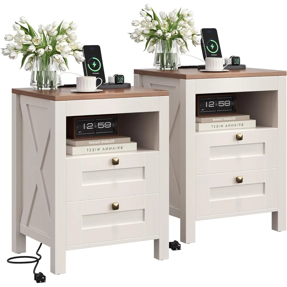 

nightstand set of 2 with charging station, end table, 18" farmhouse side table with 2 storage drawers, rustic wooden sofa table