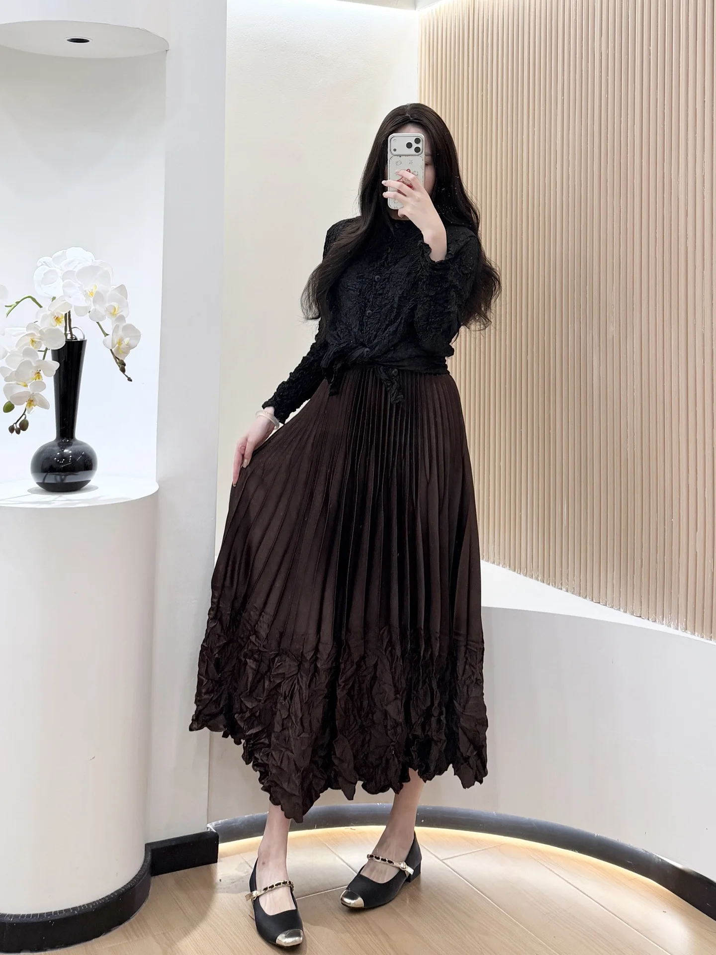 

Miyake Pleated Solid Color Women's Skirt Elastic Waist High-end Versatile Irregular Folded Hem Design Famale Skirts
