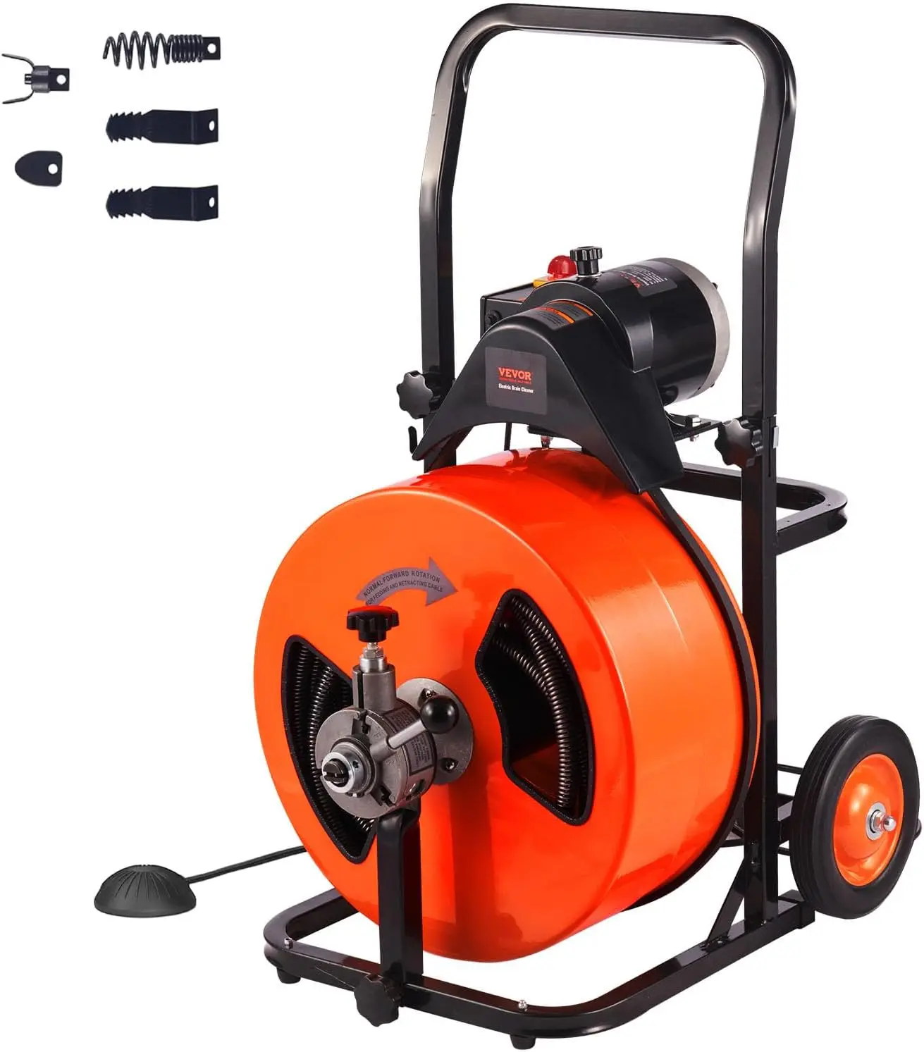 

100FT x 3 4 Inch Drain Cleaner Machine Sewer Auger Auto Feed with 4 Cutter Air Activated Foot Switch for 4 to 8 Pipes Orange