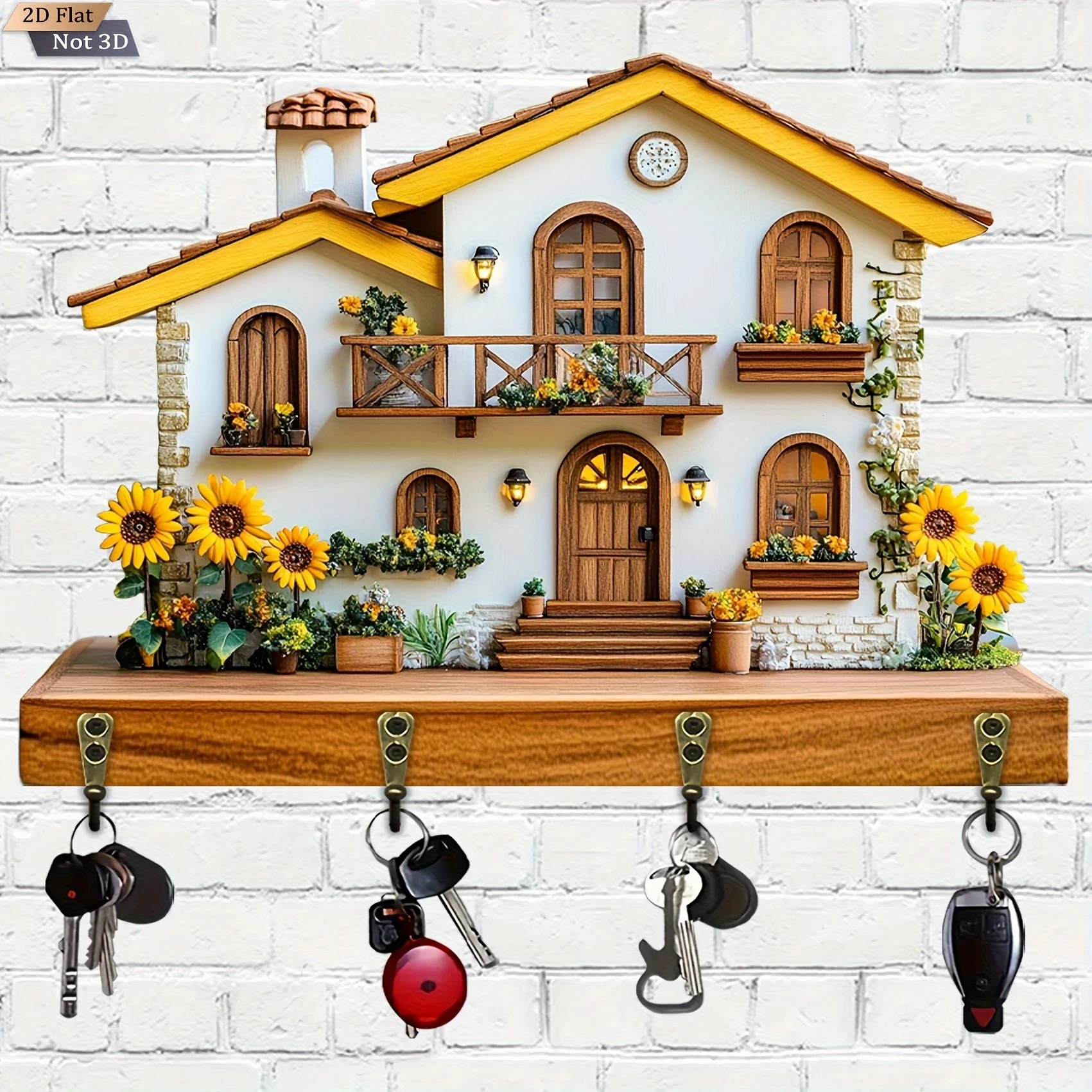 2D Retro Mew Sunflower Hut 12in Wooden Key Hanger Multi-functional Porch Wall Decoration Kitchen Storage for Farmhouse Style