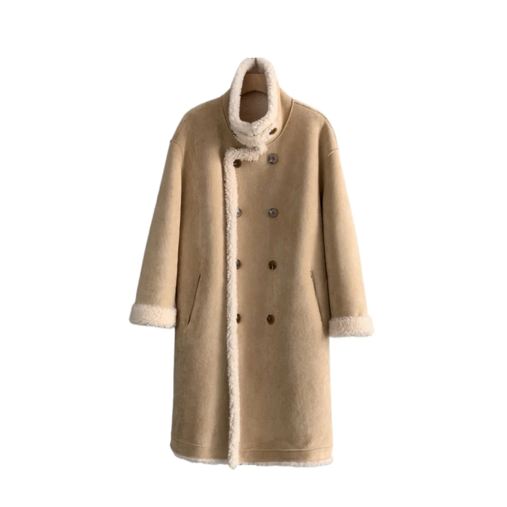 معطف نسائي متكامل من الفرو مزدوج الجوانب للخريف والشتاء معاطف لامبير مزدوجة الصدر موضة من جلد الغزال سترة دافئة سميكة