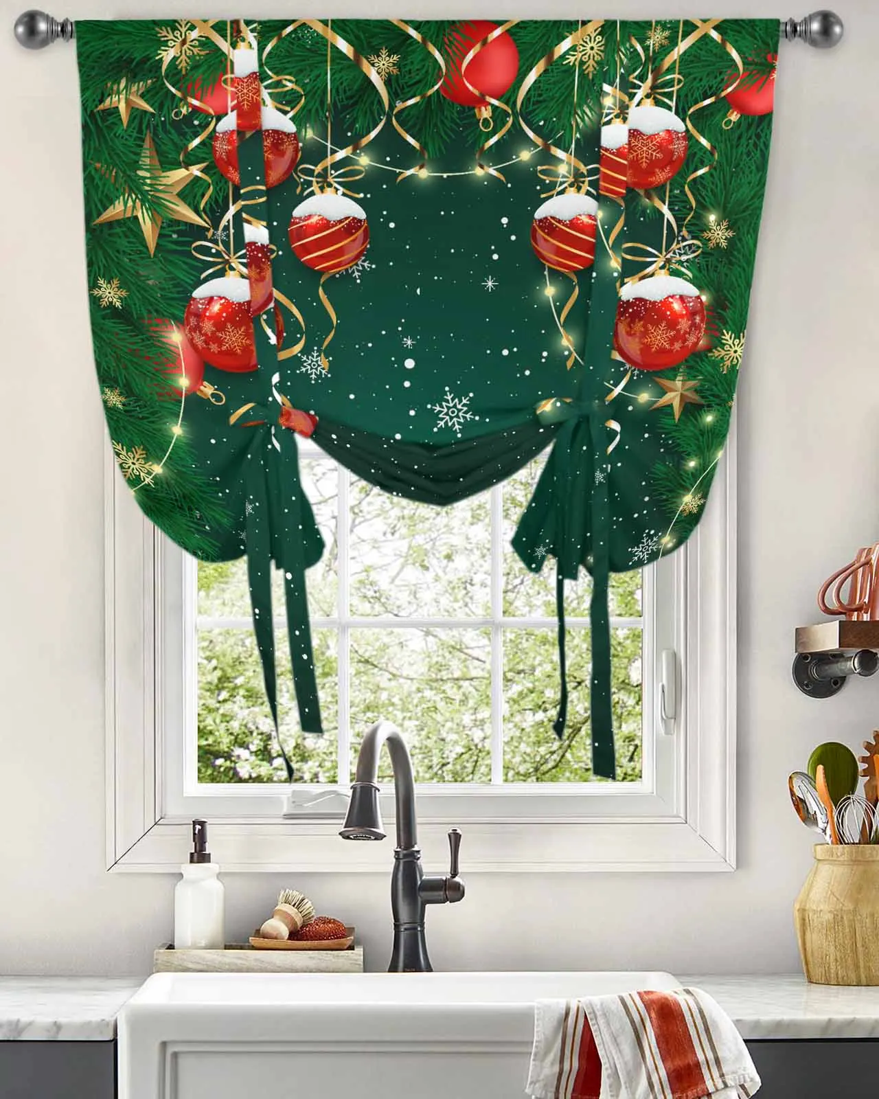 

Christmas Lantern Ball Pine Ribbon Snowflake Star Window Curtain for Living Room Blinds Drapes Kitchen Tie-up Short Curtains