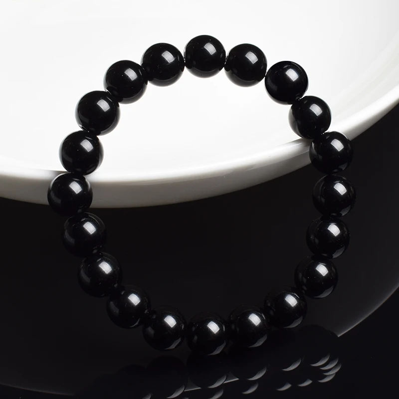 Pulsera de cuentas de ágatas negras para hombres y mujeres, piedra Natural de ónix negro genuino, cuentas redondas lisas de 6mm y 8mm, joyería de