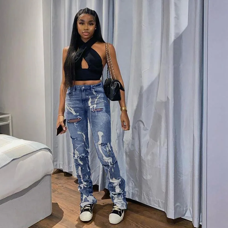 

Y2K Stretch Flared Jeans Women High Waisted Ripped Jeans with Artistic Graffiti Skinny Fit Vintage Washed Denim Pants for Street