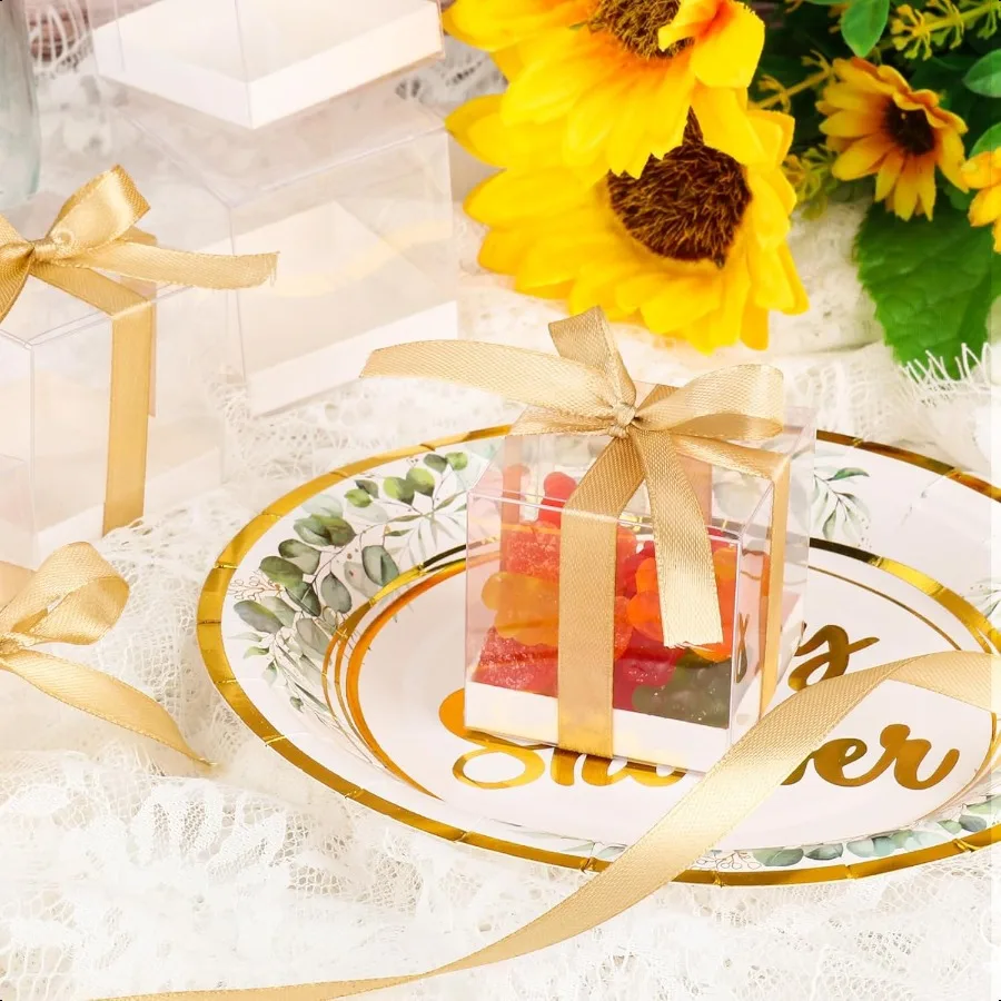 50 Pack Favor Boxes 2x2x2 Inches Clear Candy Treat Boxes with Gold Ribbons Mini Plastic Gift Boxes for Wedding Birthday Party B