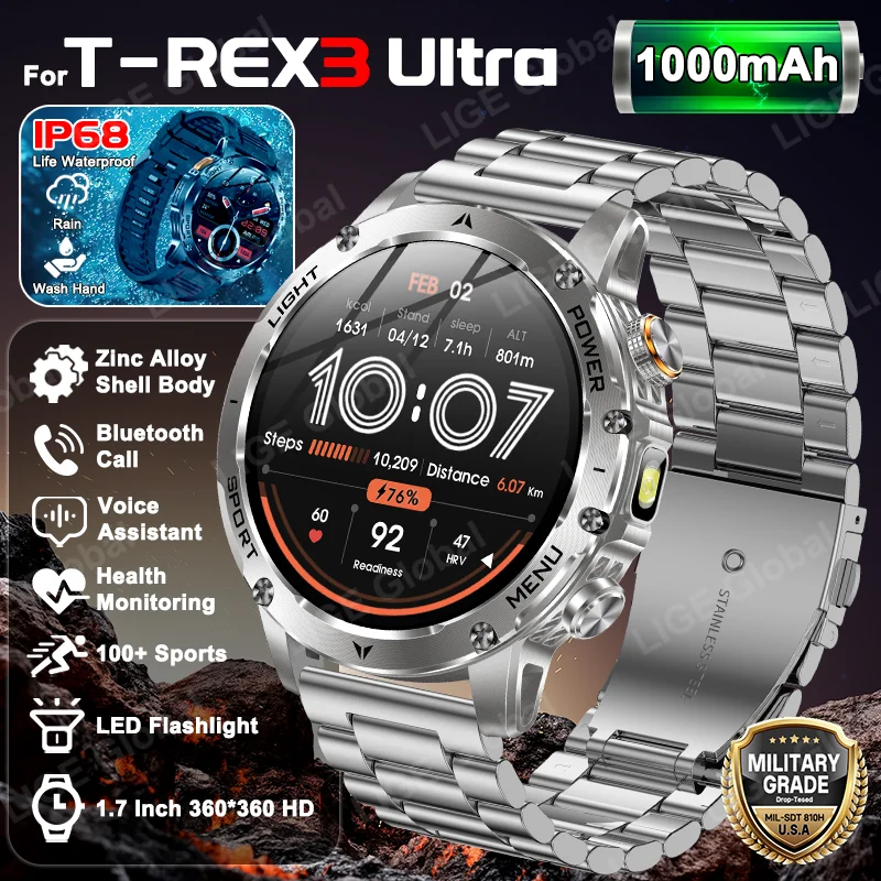 

LIGE For T-REX3 Ultra 1000mAh Large Battery Durable Smart Watch Flashlight IP68 Bluetooth Call Heart Rate Sports Smartwatch Men