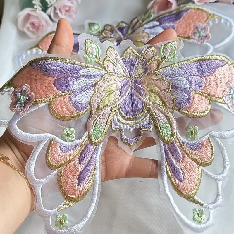 1Pcs Large Organza Butterfly Embroidery Patch Colorful Applique Embroidered Sewing On Clothes Dog Dress Decor Accessory DIY