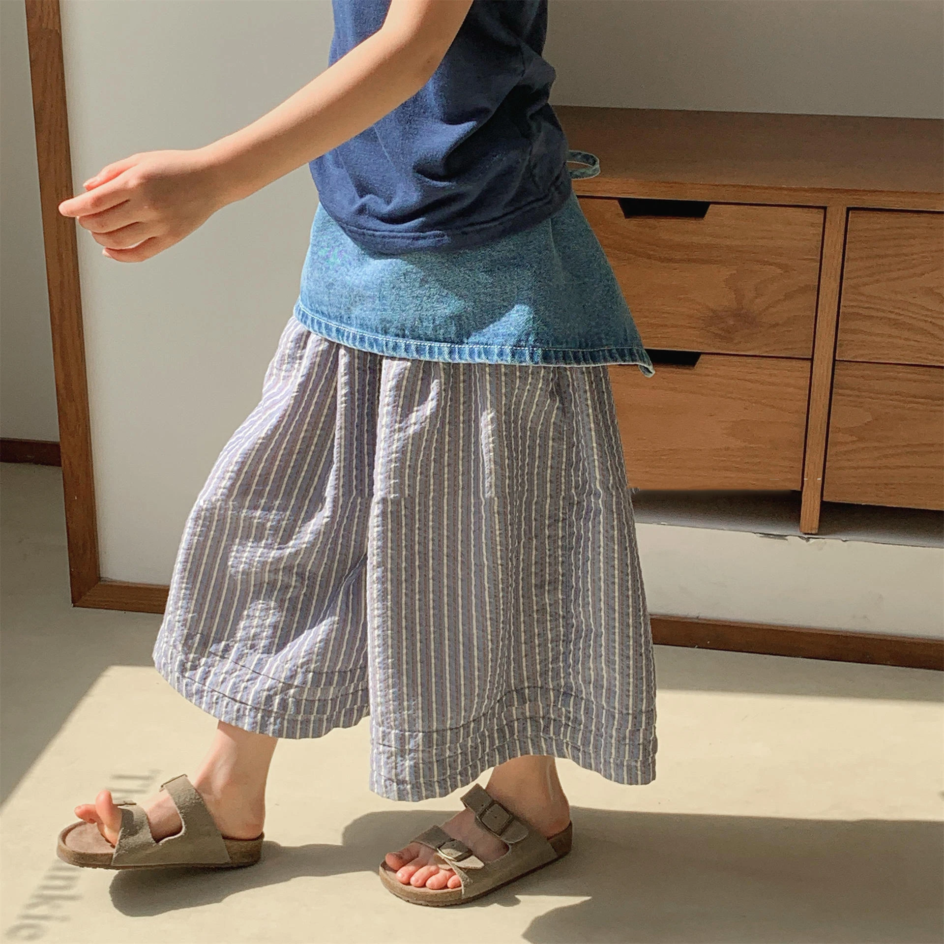 

Kids Summer Breathable Calf-length Pants Cotton Linen Stripes Wide Leg Pants 1-6Y Girls Boys Casual All-match Straight Trousers