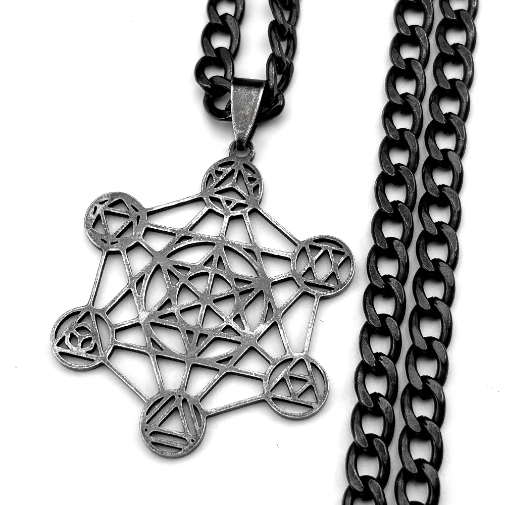 

Yoga 7 Chakra Stainless Steel Pendant Necklace Gun Black Color Sacred Geometry Angel Seal Metatron Cube Symbol Chain Jewelry