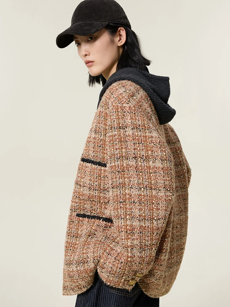 

Faionable ell Coat for Women Casual Sle Thi Tweed Material Autumn Long Sve Mid-Length Button Closure Plaid Pa...