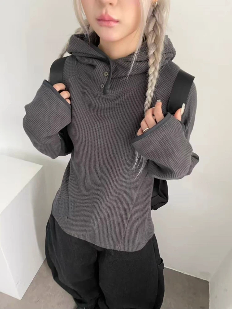 2000s American Vintage Turtleneck Long Sleeve T-shirts with Hooded Women Outwear Casual Y2k Crop Tops Sweatshirts Button Blouse