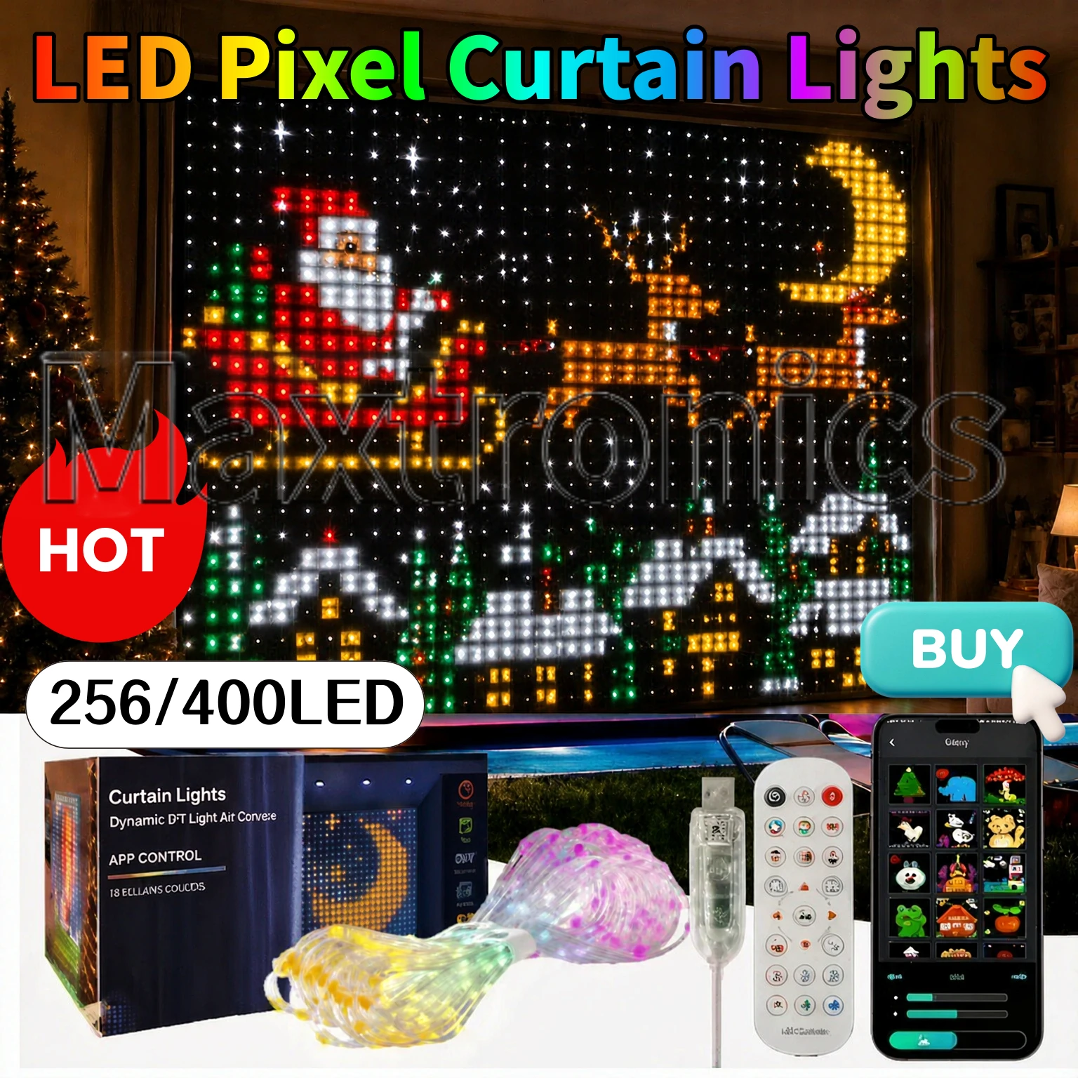 256/400LED LED Pixel Curtain Lights USB Powered RGB Smart String Lights DIY Pattern Display for ChristmasWindow Wall Party Decor