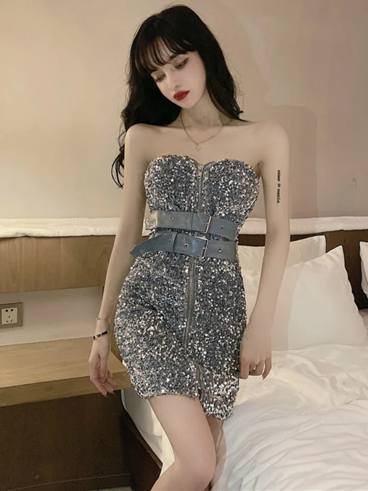 Czarna Sukienka Bandage Bodycon z Cekinami 2025 Elegancka Damska Sukienka Klubowa Seksowna Kopertowa na Biust Letnia Koreańska Sukienka Wieczorowa Vintage