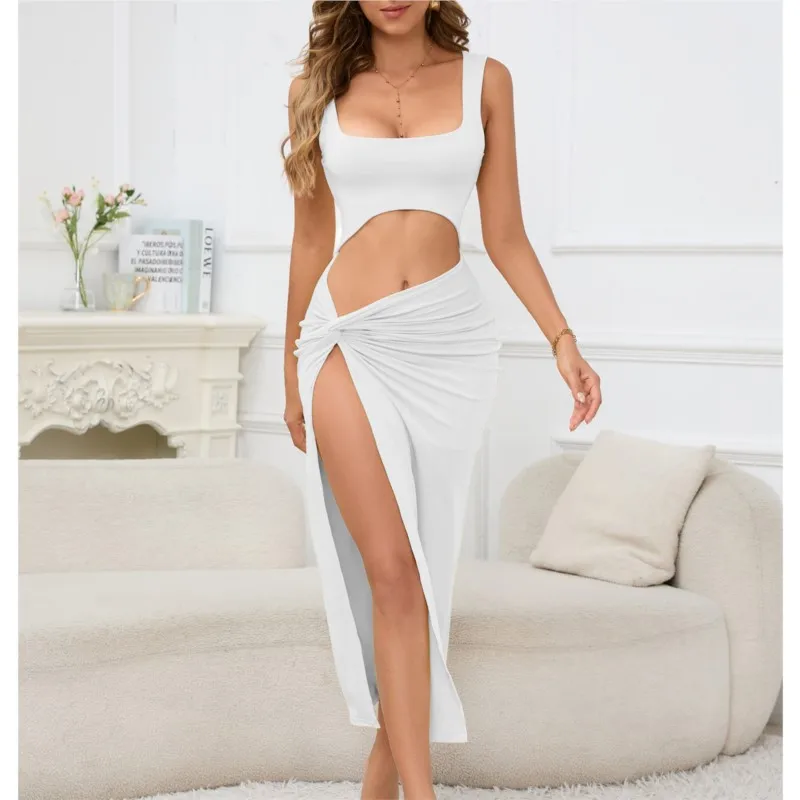 Women Summer Long Dress 2024 New Suspenders Solid Color Casual Hollow Navel Sexy Dress Elegant Womens Trend 2024 Female Clothing