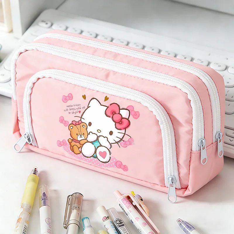 

Двухслойный пенал Hello Kitty, большая вместительная сумка для канцелярских принадлежностей Kawaii, органайзер на молнии для мальчиков и девочек, школьные принадлежности, подарок для девочек