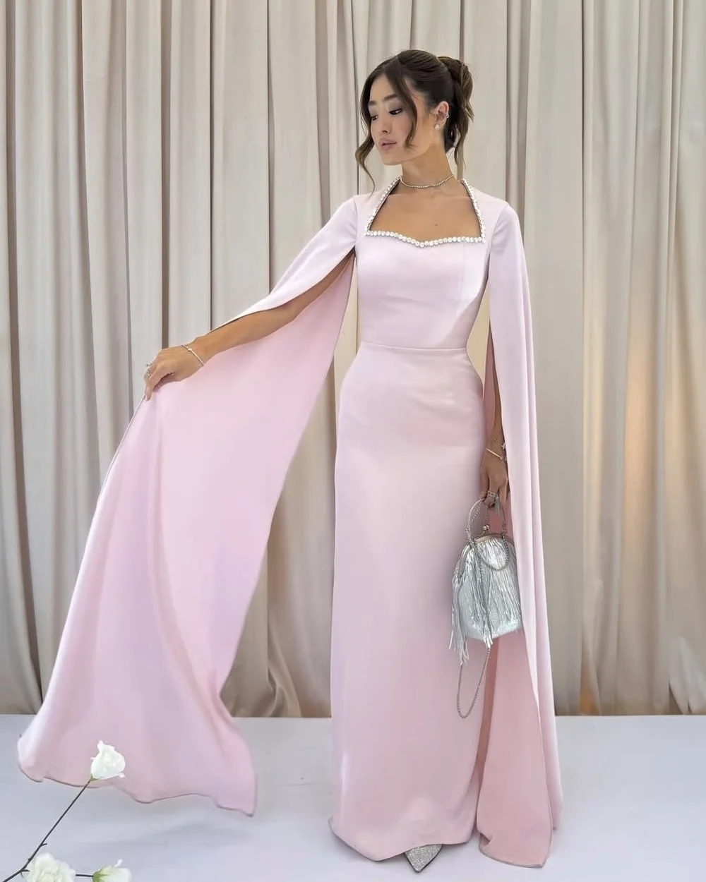 

Customized Elegant Simple Jersey Rhinestone Pleat Straight Square Neck Long Dresses Bespoke Occasion Dresses Modern Style Sexy
