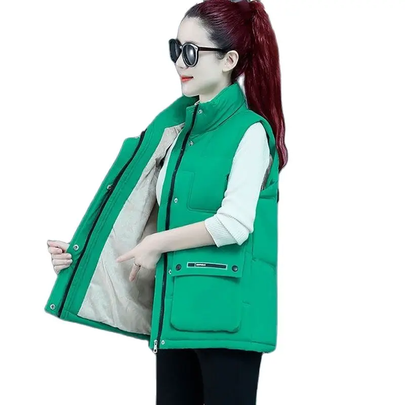 

2023 Autumn Winter Cotton Padded Vests Women Stand Collar Sleeveless Parkas Jacket Female Waistcoat Casual Warm Add Velvet Vest