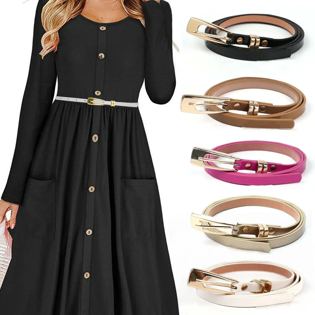 1PC Alloy Women's Thin  Skinny Thin Belt Faux Leather Waistband Adjustable Cinch Waist Band Vintage Ladies Dress Cummerbands