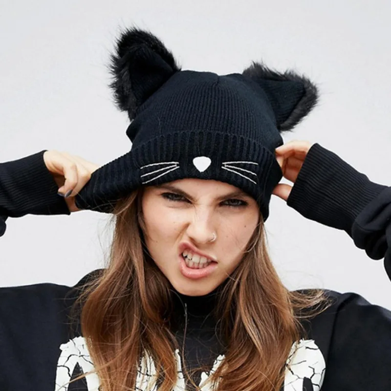 Cat Ears Hats Warm Winter Knit Trendy Beanie Cap with 2 Pieces Pom Poms for Women