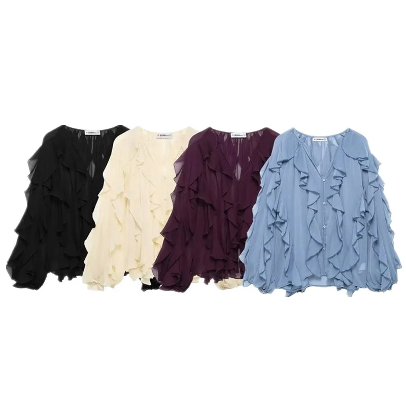 

Spring 2025 Women's Faion V-ne Long Sve irt Versatile Layered Decoration New Arrival Loose Fit Regular Length