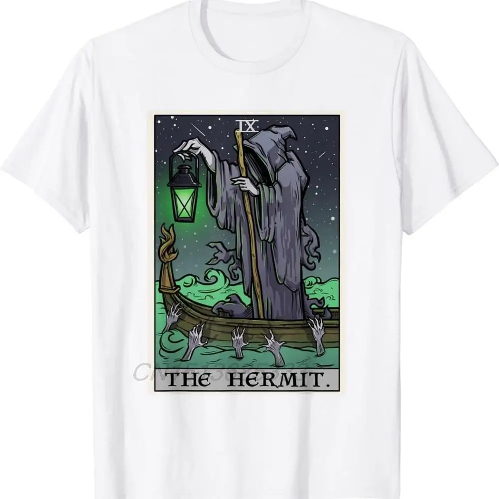 The Hermit Tarot Card Men Vintage T-shirts Gothic Halloween Grim Reaper Horror Tees The Moon Crescent Cat Night Man Cotton Tops