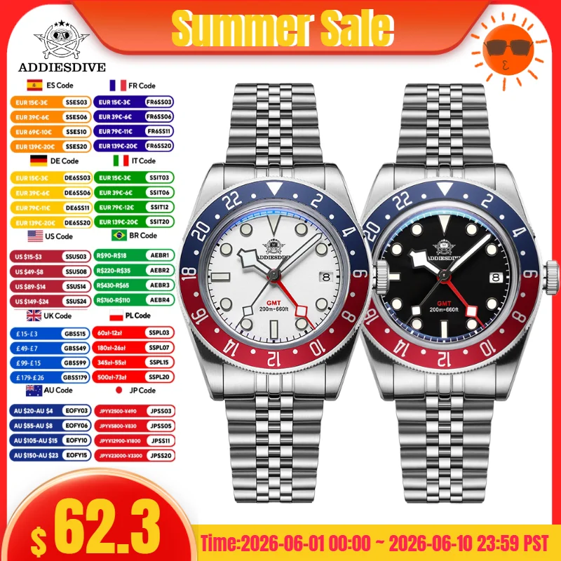 

ADDIESDIVE Men GMT Watch Bubble Mirror Glass 200M Waterproof BGW9 Super Luminous Quartz Watches Reloj Hombre