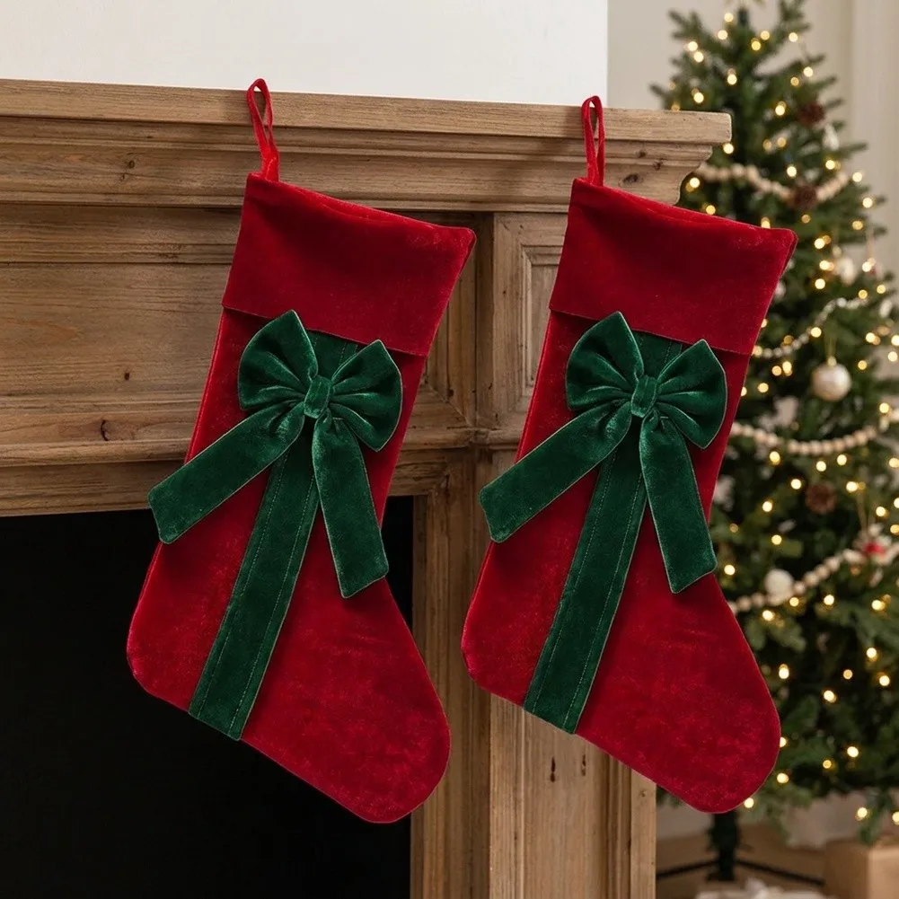2PCS Red Green Christmas Stockings With Bows Hanging Loop For Fireplace Mantel Wall Holiday Home For Decor Fabric Ornaments