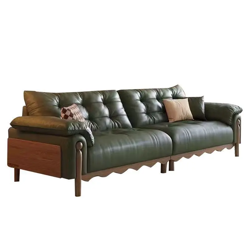 

Living room solid wood sofa cloud leather sofa retro oil wax leather sofa straight row