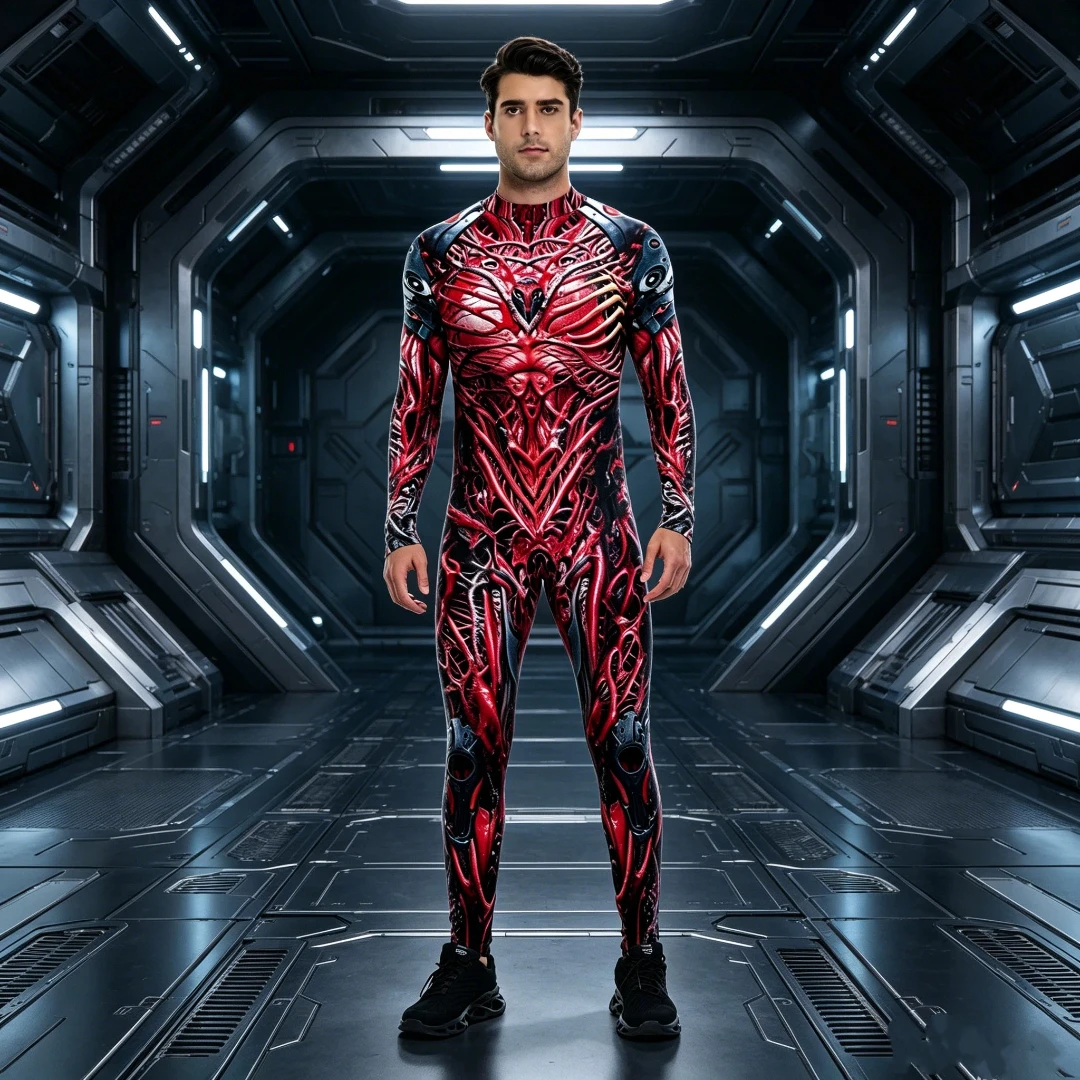 

2026 Jumpsuit Halloween Cosplay Bloody Demon Jumpsuit Carnival Mechanical Human Blood Vessel Printing Tights Stretch Clothing