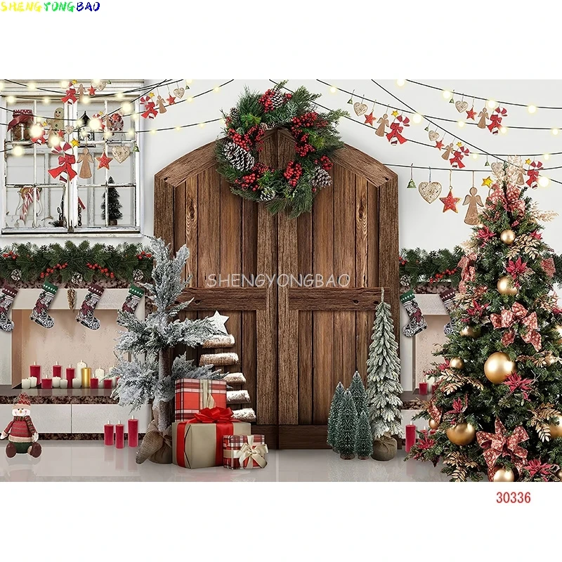Vinyl Custom Christmas Tree Window Wreath Photography Backdrop Wooden Doors Snowman Cinema Pine New Year Background Prop ANT-05
