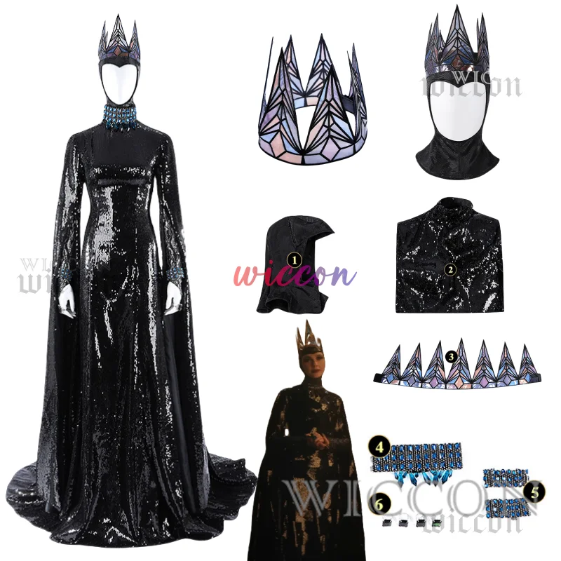 

Evil Queen Cosplay Stepmother Costume Movie Snow Cos Whites Women Black Long Dress Crown Necklace Outfits Halloween Suit