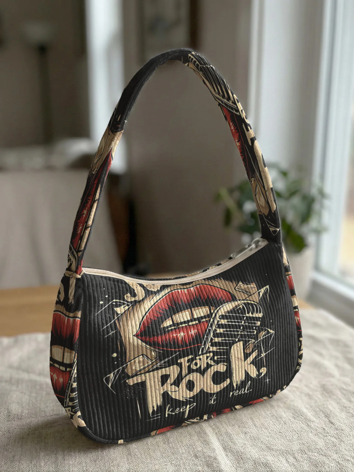 Trendy Rock Print Shoulder Bag, Black Corduroy Underarm Bag for Daily Casual Use