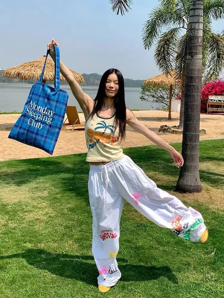 Y2K 브랜드 귀여운 레터 프린트 배기 팬츠 힙합 커플 풀 기장 밴딩 루즈 스트레이트 와이드 레그 팬츠 캐주얼