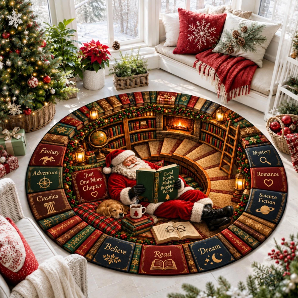 Cozy Santa Reading Bedroom Area Rug 3D Bookcase Swirl Floor Mat Festive Living Room Entryway Washable Circle Rug