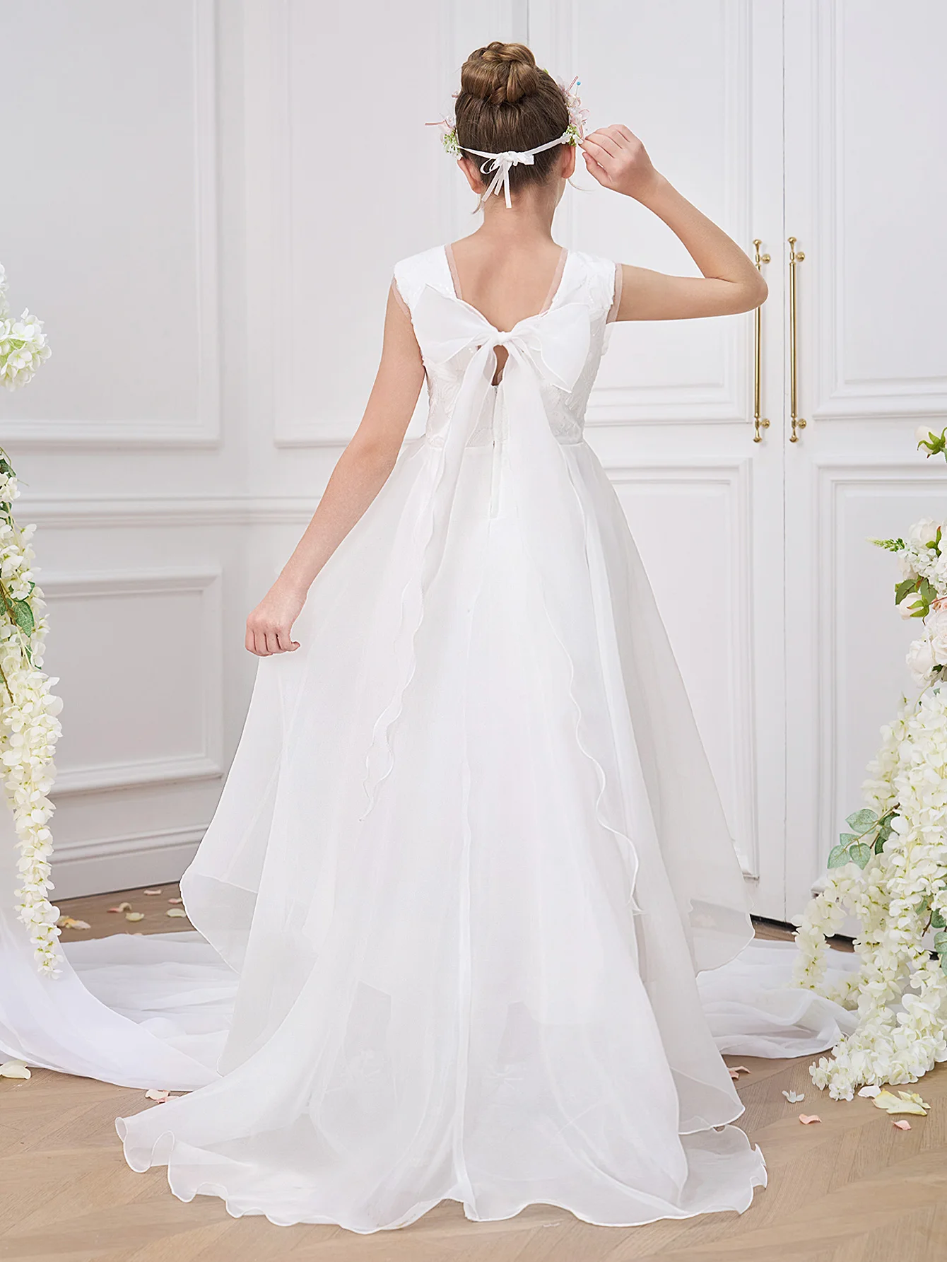 Fashion White Bridesmaids Party Girl Dress Elegant Flower Wedding Princess Prom Gown Kids First Communion Birthday Baptism Dress