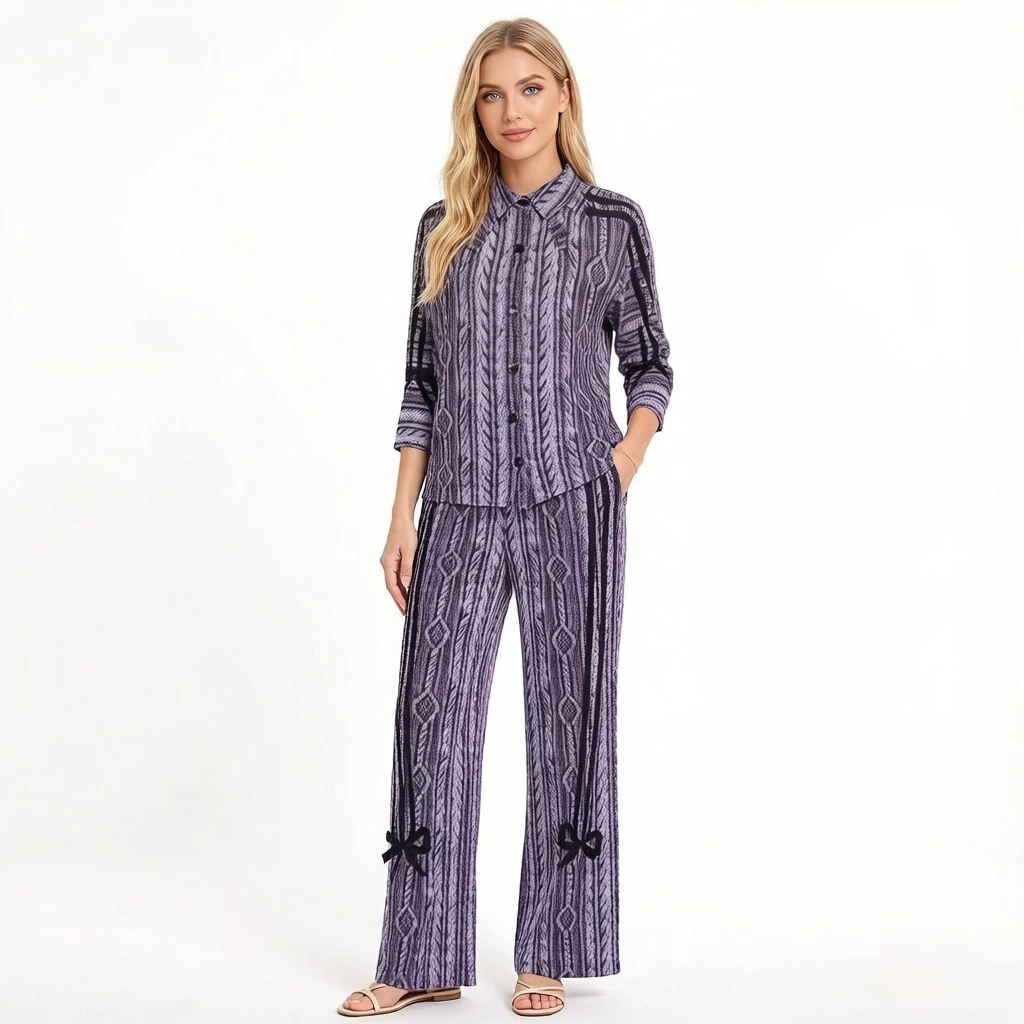 

Новый плиссированный комплект Miyake весна-лето 2026: ретро-стиль с бантом, свободный крой, высокая эластичность, повседневный, большие размеры, модный комплект из двух предметов