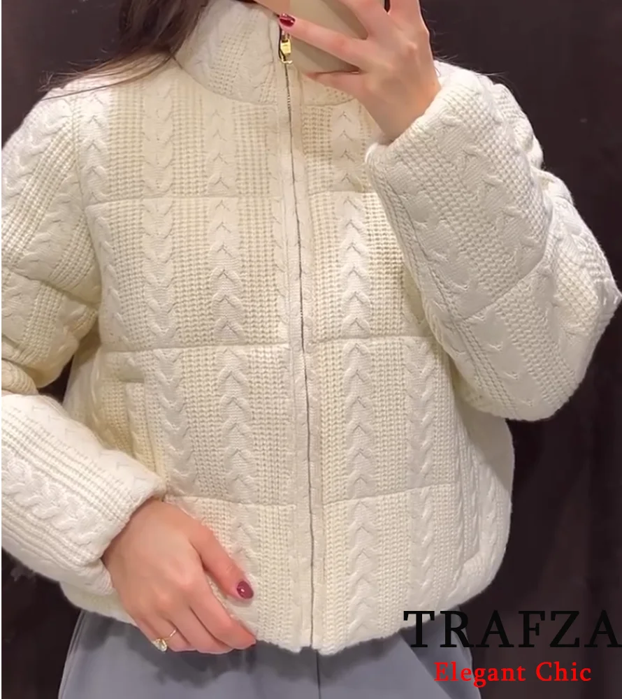 TRAFZA-Women Simple Knit Thick Jacket Coat Standing Collar Zip Blend White Coat 2024 Autumn Winter New Classic Romantic Coat