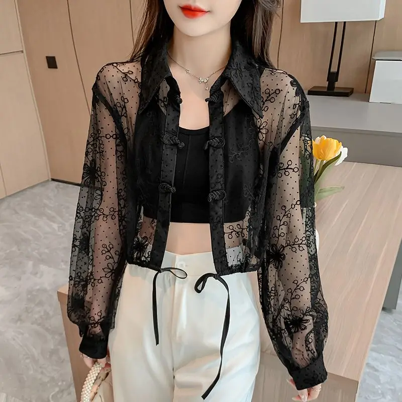 Women\'s Vintage Chinese Style Lace Long Sleeve Sunscreen Shirt Summer Sexy See Through Sweet Chic Blouse Female Solid Loose Tops