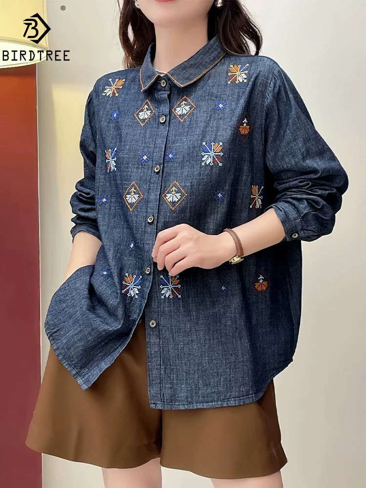 New Summer Embroidered Washed Denim Shirt Woman Lapel Long Sleeve Tops Girl Casual Loose Literature Blouses 2024 Autumn T47603QM