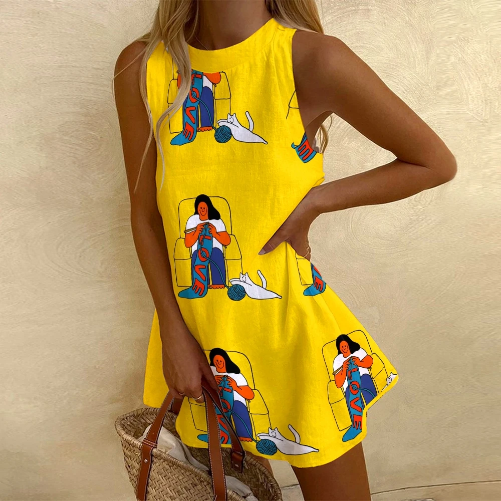 

Casual Ladies Dress Ladies Yellow Dress Cute Kitten Animal Print Dress Beach Vacation Party Dress Sleeveless Short Dress