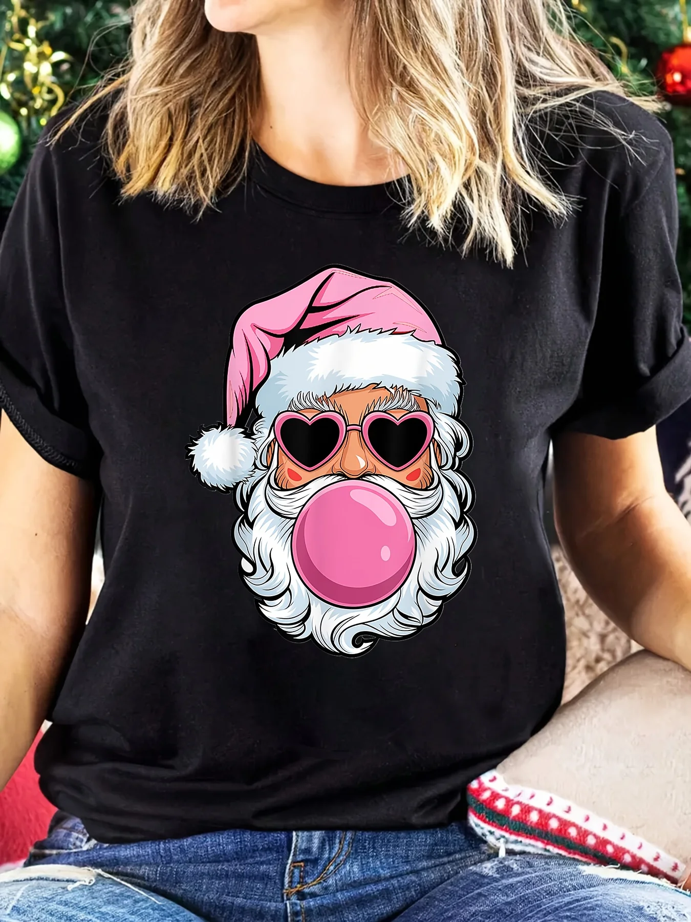 Cute Pink Santa Claus With Heart Sunglasses Bubble Gum Art Print Graphic Ladies T Shirt Short Sleeve Crew Neck Casual Tee Tops