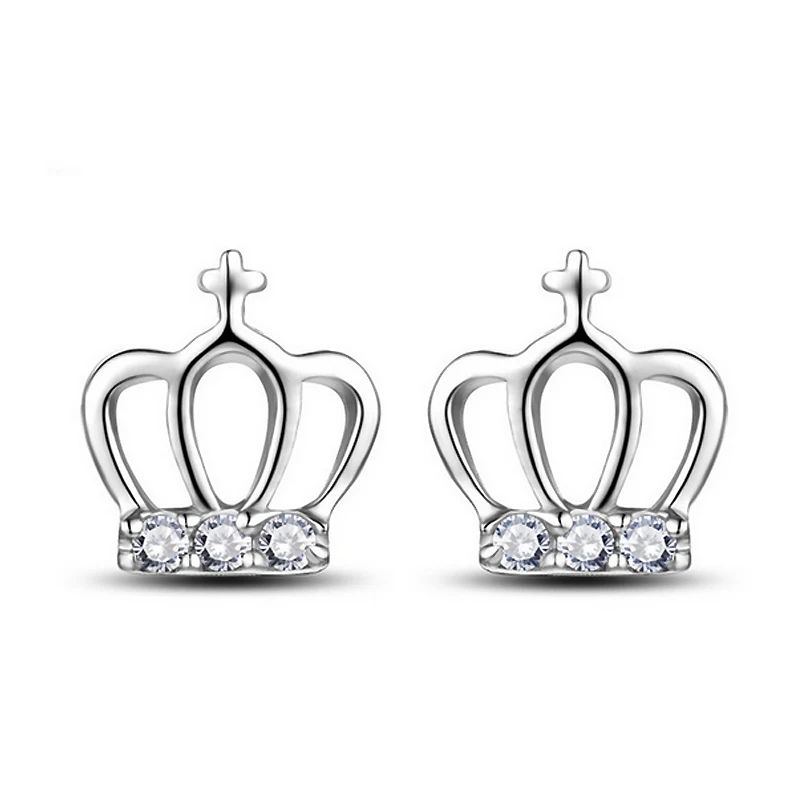 100% 925 Sterling Silver Cross Crown Woman Stud Earrings AAA high Class Inlay CZ Zircon Cute Gift Jewelry For Girl