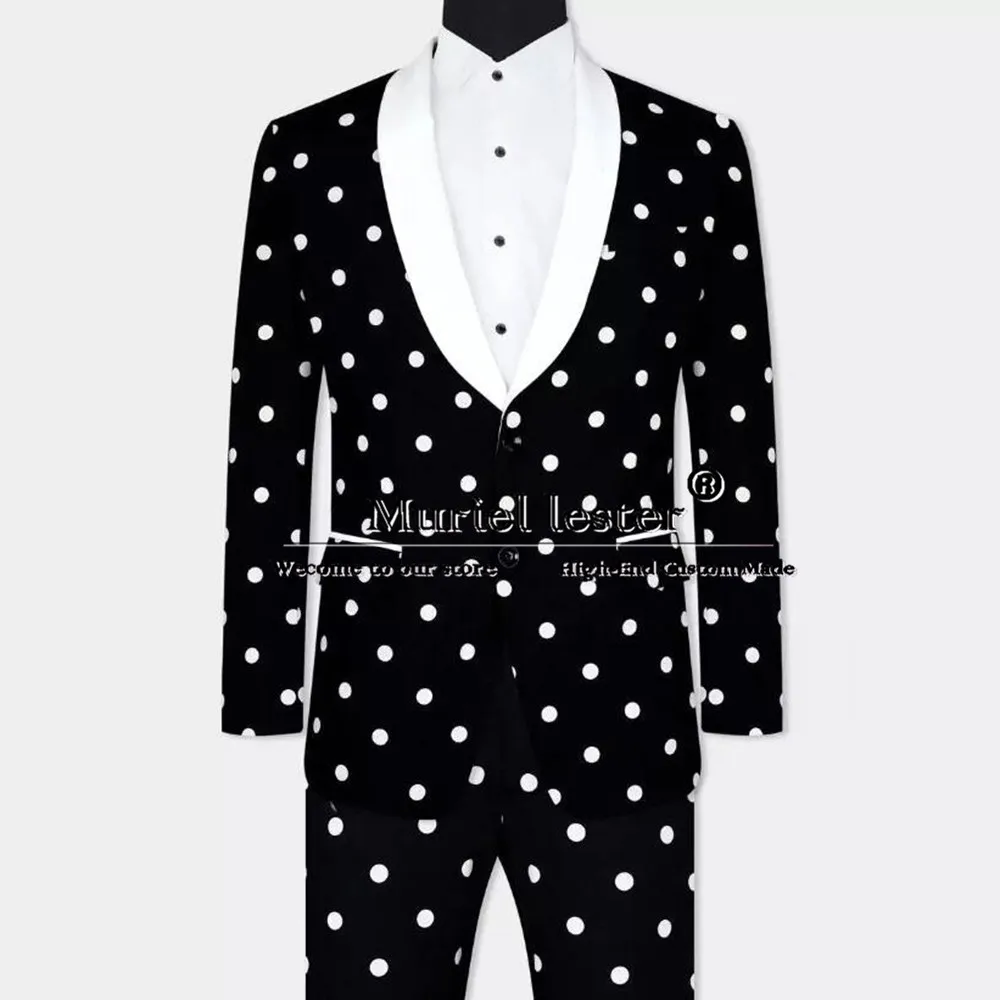 

Black With White Polka Dotted Suits Men For Wedding Tailored Shawl Lapel Jacket Pants 2 Pieces Groom Tuxedos Bespoke Male Dress