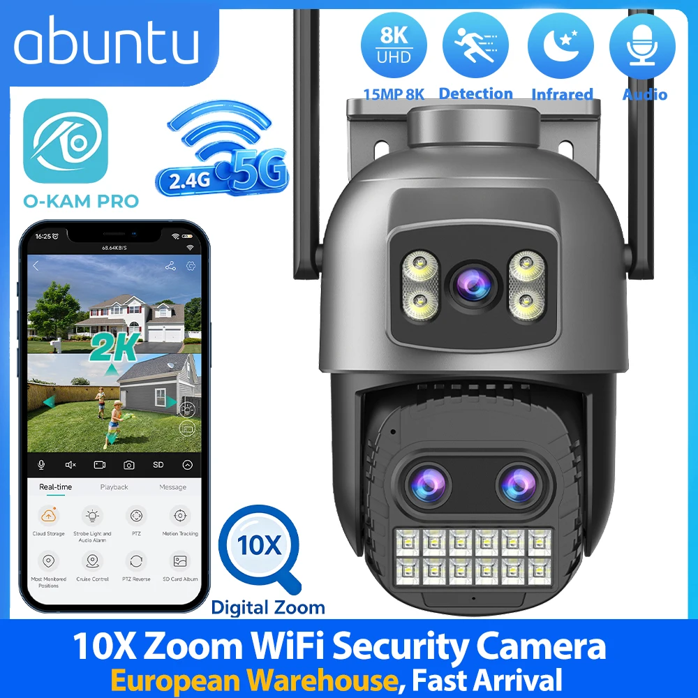 Caméra de sécurité WiFi PTZ 15MP 8K, double bande 2.4G/5G, double écran, zoom numérique 10X, caméra de surveillance vidéo, vision nocturne, détection humaine