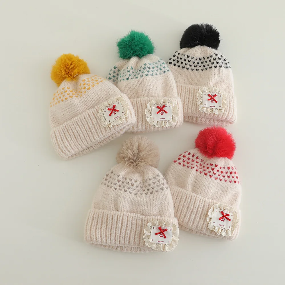 

Girls Autumn Winter Knitted Wool Hat Boys Warm Thicken Windproof Cap Kids Cold Proof Lace Bow Hats Kids Fashion Cutecap