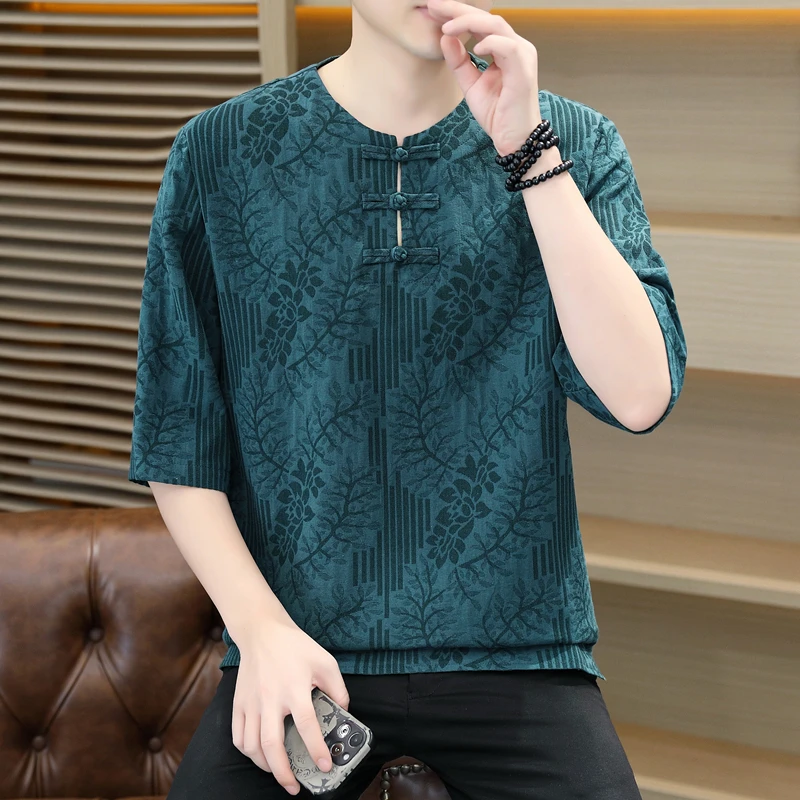 

Men's new summer Chinese shirt casual loose large size short sleeve shirt solid color Chinese short sleeve shirt