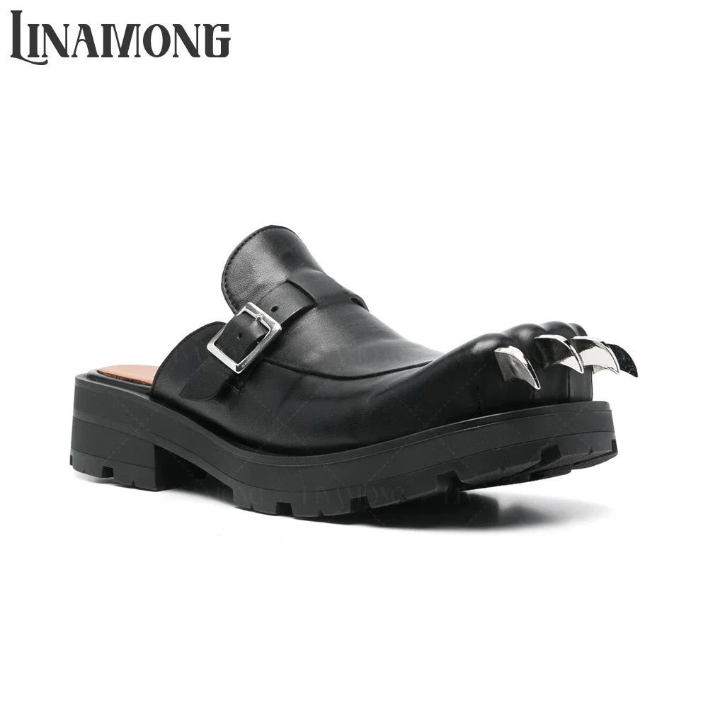 

Metallic Silver Claws Mules Pin Buckle Strap Black Grained Leather Mules Block Heel Slippers for Men Square Toe Novelty Slippers