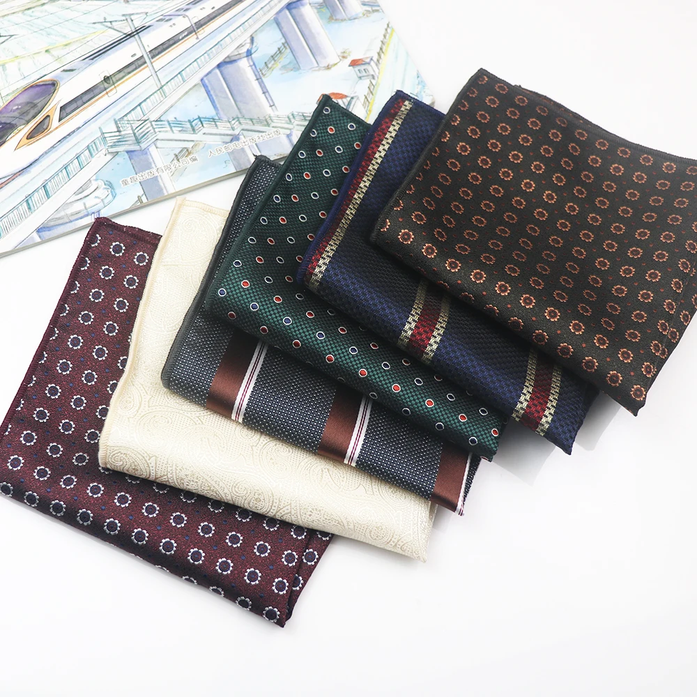 23CM New Brown Floral Pocket Square Mens Formal Luxury Navy Khaki Striped Handkerchief Wedding Tie Accessories Groom Shirt Hanky