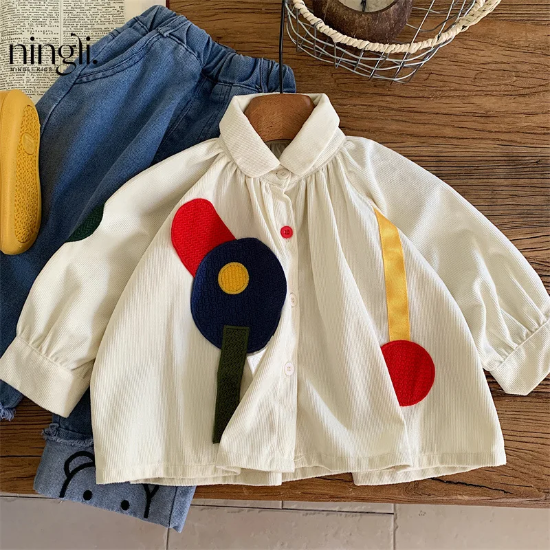 Ins 2024 Autumn Children Girls Shirts Cotton Western Ruched Patched Princess Kids Girls Shirt Long Sleeved Baby Girls Top